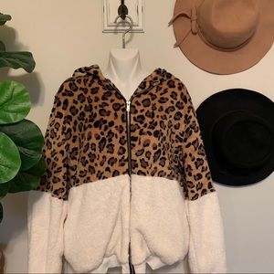 Cheetah sherpa zip up jacket with hood